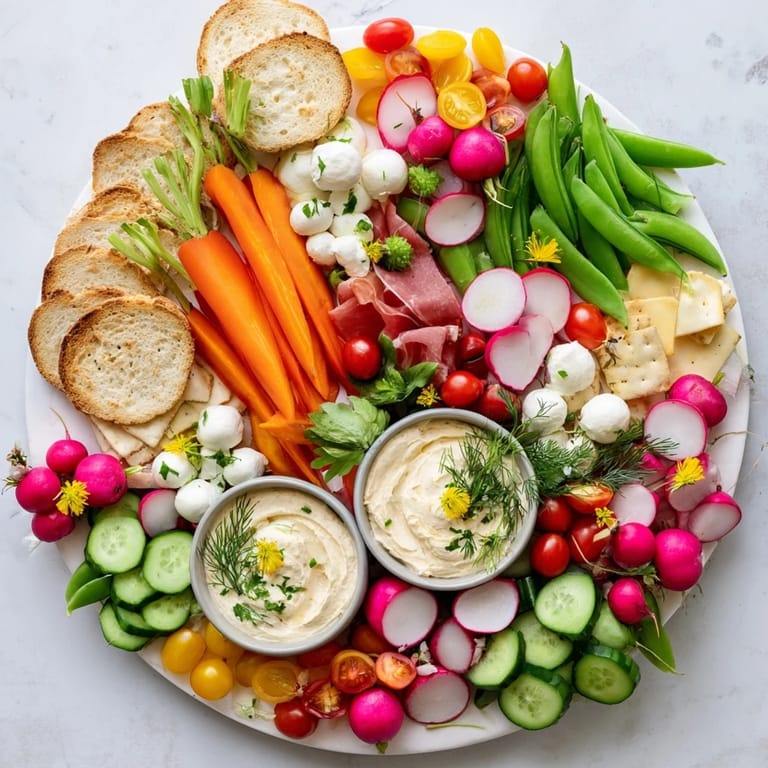 Vibrant Spring Wreath Appetizer Platter featuring radishes, cheeses, and herbs, perfect for springtime entertaining.