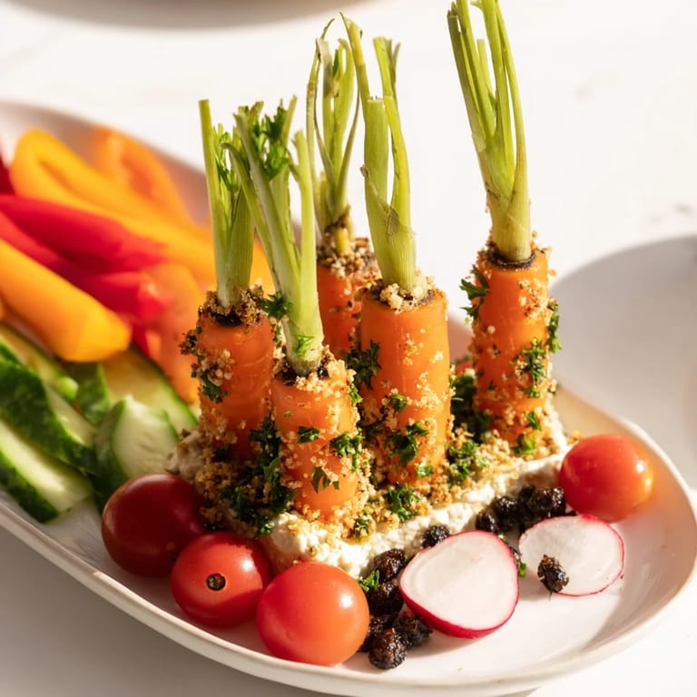 Colorful carrot patch veggie board with carrots, snap peas, and tomatoes, ideal for a festive appetizer.