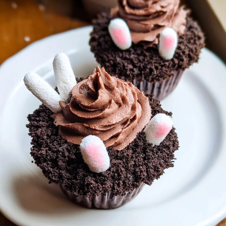 Perfect spring dessert, a Bunny Burrow Cupcake Tray featuring moist chocolate cupcakes decorated elaborately.