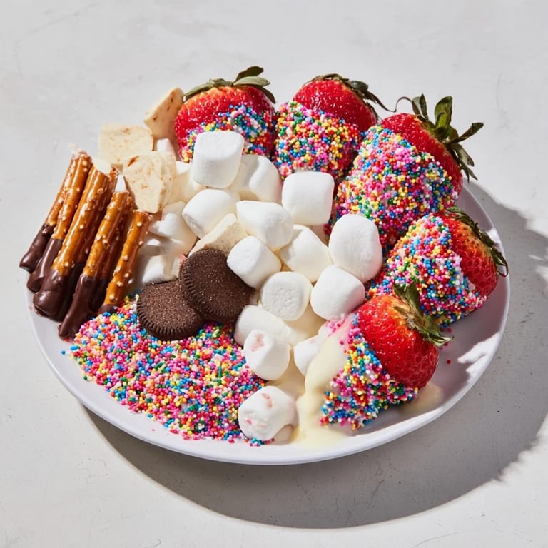 A vibrant Rainbow Sprinkle Party Board, featuring strawberries, donuts, and pretzels coated in sprinkles.