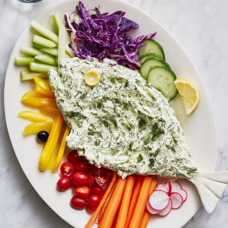 Vibrant Ocean Blue Fish-Shaped Dip Tray: imagine layered blue ranch dip forming a friendly fish, surrounded by fresh, crunchy veggies.