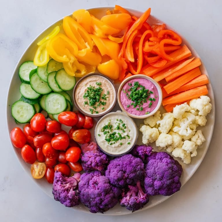 A close-up of Rainbow Vegetable Dips, showcasing fresh veggies alongside creamy, flavorful homemade dips ready to eat.