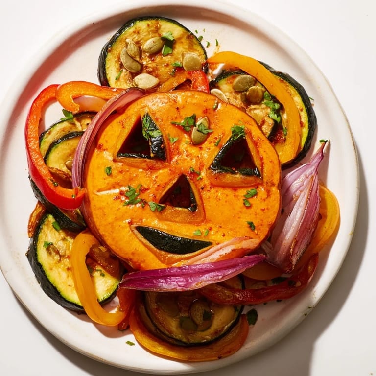 Halloween Plate made of roasted pumpkin, bell peppers, and zucchini for a festive, flavorful meal.