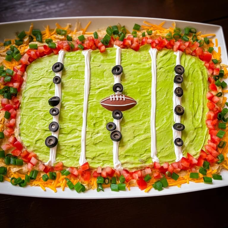 Delicious game-day Football Field Dip Platter with crisp tortilla chips ready for dipping and enjoying.
