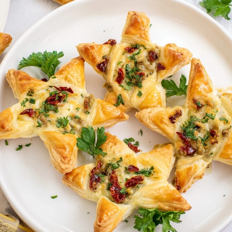 Close-up of baked Olive and Sundried Tomato Star Garland, showing the chopped olives, tomatoes, and golden pastry.