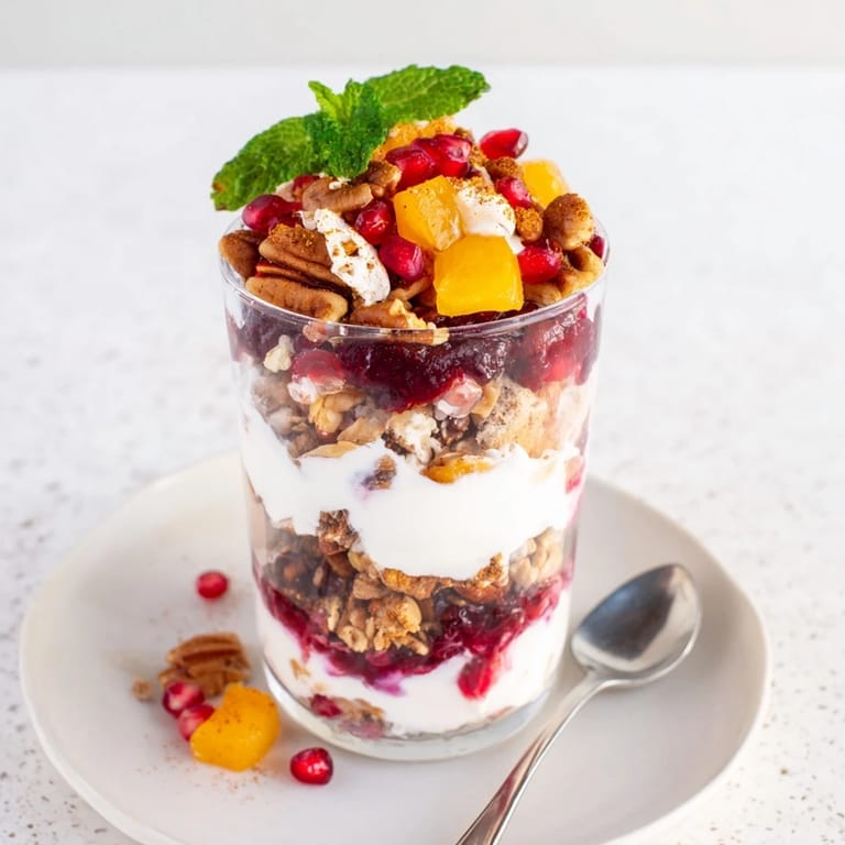Vibrant Christmas Pudding Yogurt Parfait Bar with berry compote and crunchy granola alongside fresh fruit.