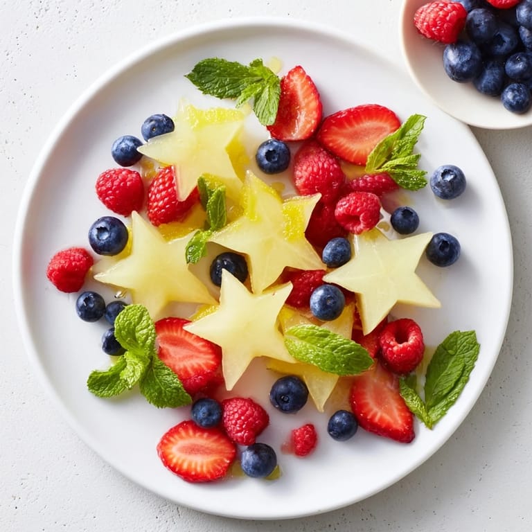 Fresh, juicy Starfruit and Berry Platter, drizzled with lime, perfect for a light summer dessert.