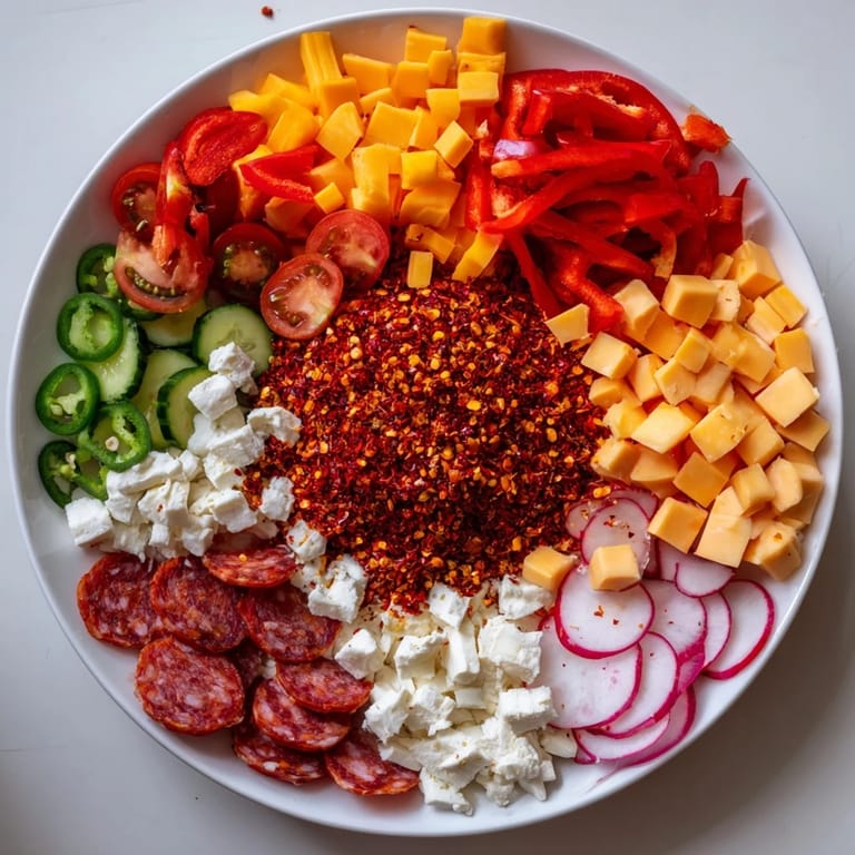A bountiful The Spicy Hot Take Platter with cheeses, meats, and fresh veggies, ready to be enjoyed.