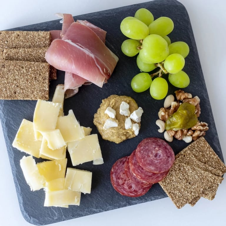 See a compact Charcuterie Board for One, presented with folds of salami, creamy cheese, and fresh grapes.