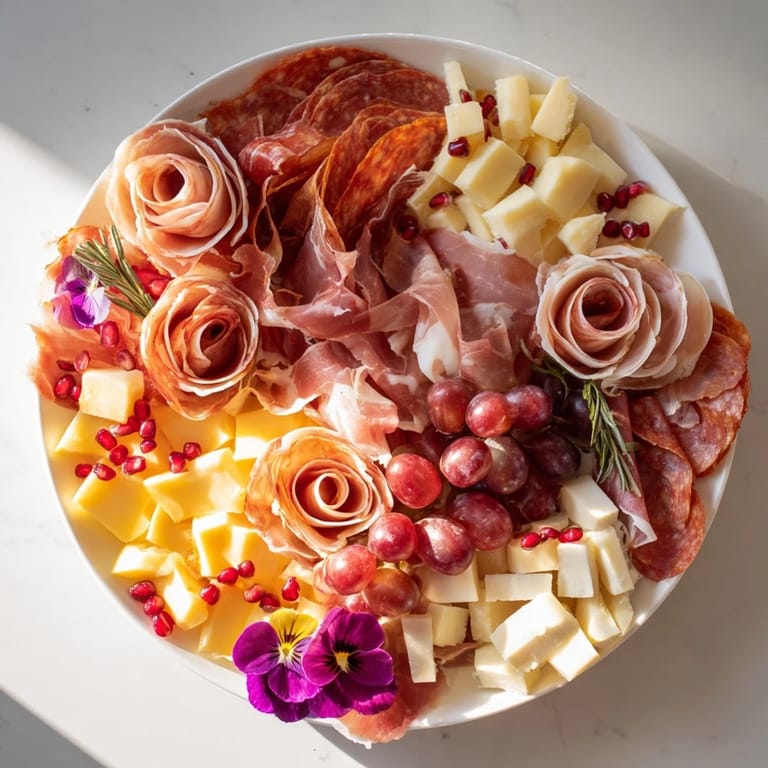 This Advanced Artisan Array charcuterie board is overflowing with savory meats, cheeses, and beautiful garnishes to enjoy.