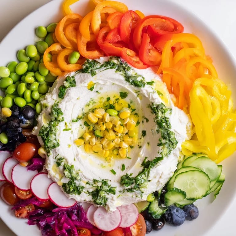 This eye-catching Prism Burst salad bursts with fresh flavors; see the vivid vegetables and fruits fanned out.