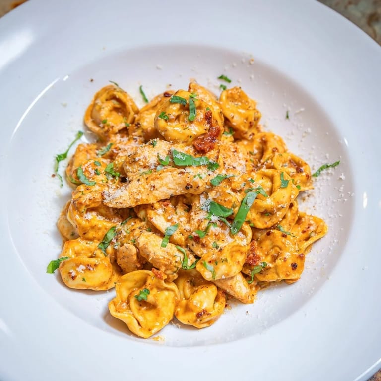 A close-up view of the savory, saucy Marry Me Chicken Tortellini with fresh basil garnish.