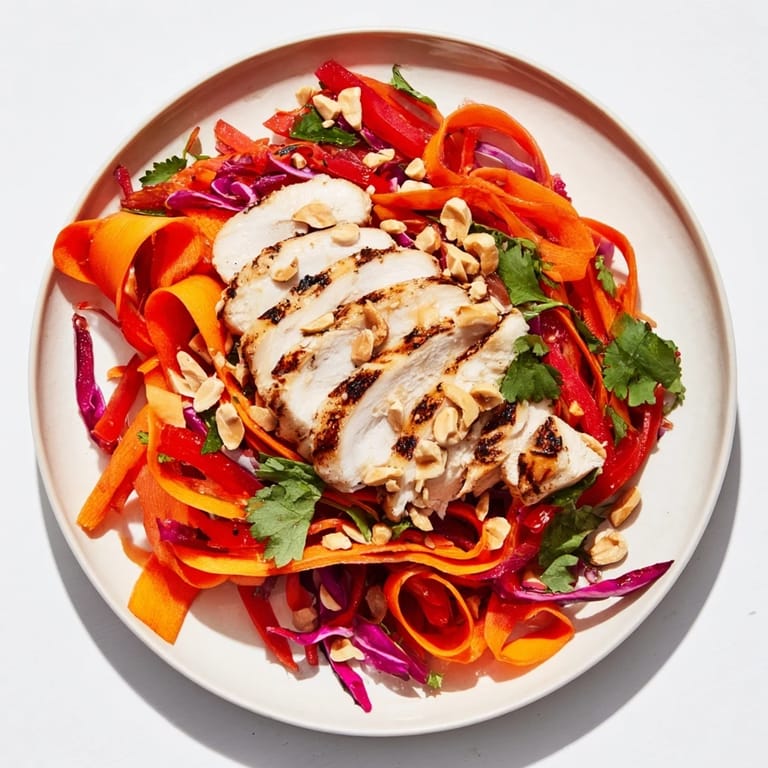 Freshly assembled Carrot Ribbon and Chicken Slaw bursting with color, drizzled with a creamy ginger-miso dressing.