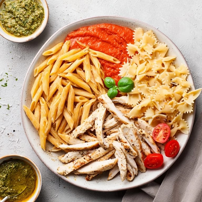 A close-up of a colorful Girl Dinner Pasta Board, highlighting the various pasta types and fresh toppings.