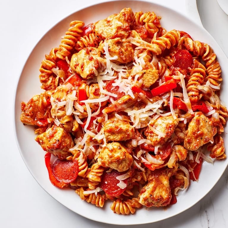 A flavorful shot presents the sizzling One-Pan Pizza Pasta, ready for serving and enjoying.