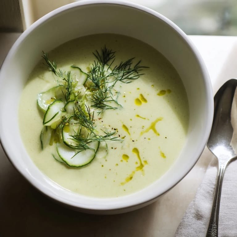 Close up shot of Chilled Cucumber Garlic Soup, a cool, creamy summer appetizer ready to serve.
