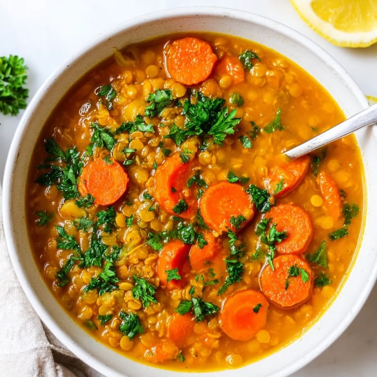 Close-up of a rustic bowl of Spiced Carrot Lentil Soup, showcasing the tender lentils and vegetable richness.