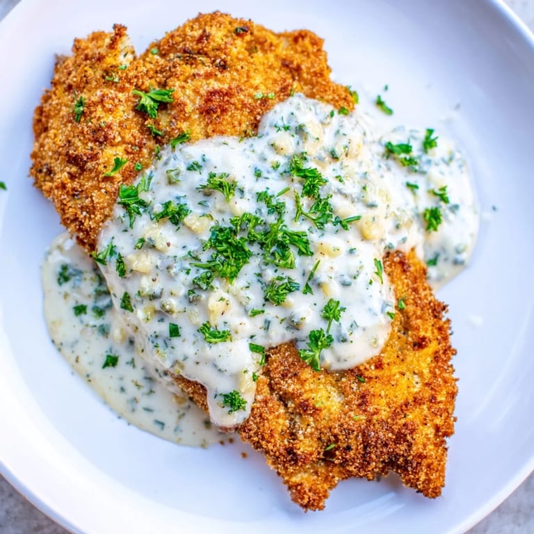 Perfectly cooked crispy chicken with garlic cream sauce, ready for enjoying a delicious meal.