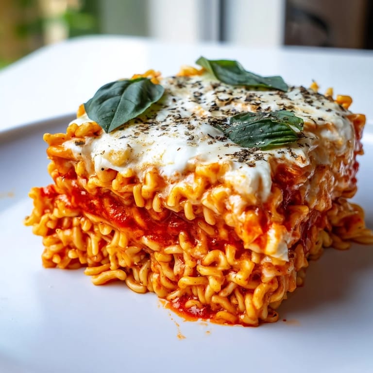 A close-up of a steaming, golden baked Ramen Lasagna with fresh basil garnish, perfect weeknight comfort food.