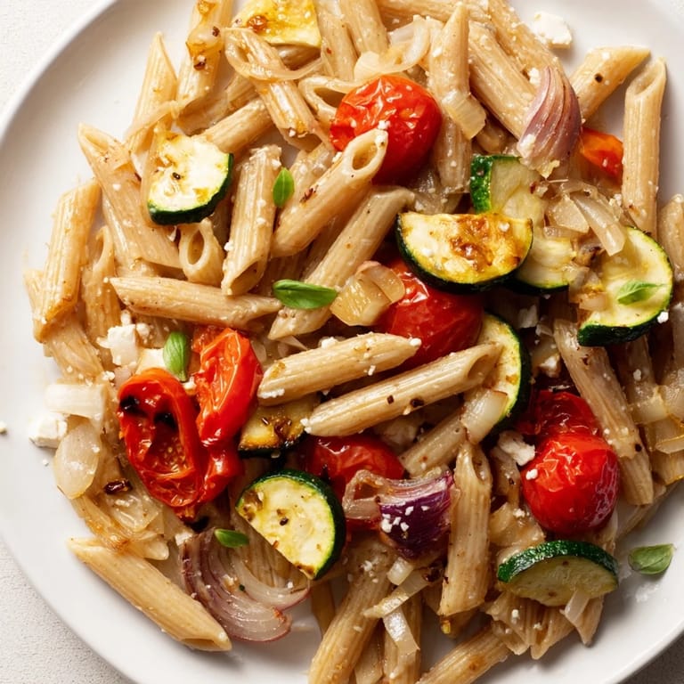 Golden, bubbly baked feta pasta, with fresh basil and a medley of colorful roasted vegetables.