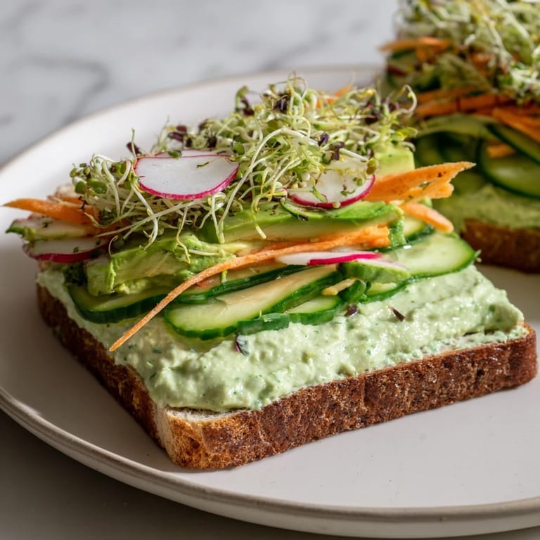 This creamy Green Goddess Sandwich showcases a healthy lunch with fresh, crunchy veggies and flavorful spread.