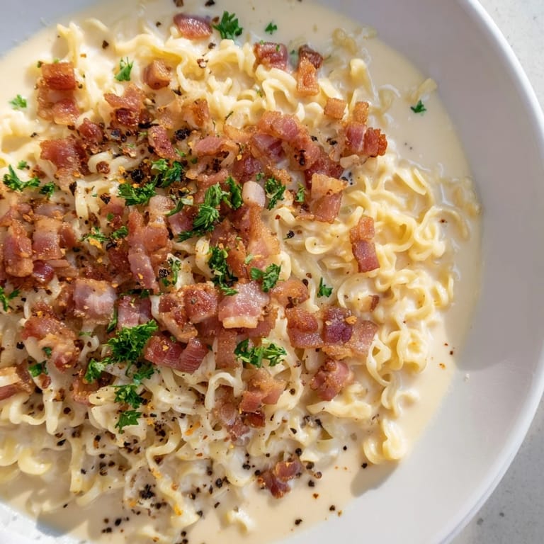 A close-up of steaming Ramen Carbonara hack, with fresh parsley and extra Parmesan cheese on top.