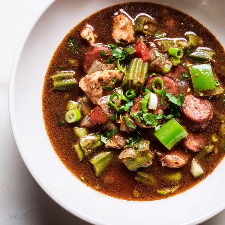 A delicious view of the finished Gumbo Okra Soup, rich and flavorful, perfect for a cozy dinner.
