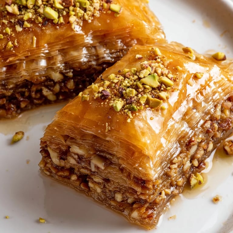 Close-up of freshly baked Turkish baklava, dripping with sweet honey syrup, ready to enjoy.