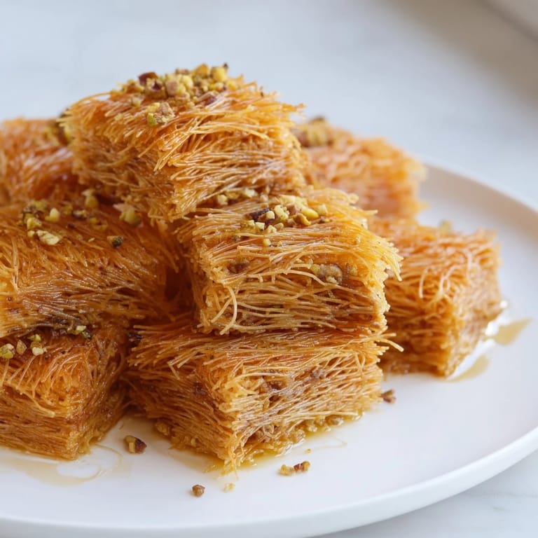 Close-up of freshly cut pieces of Egyptian konafa, showing the nutty interior and honey glaze.