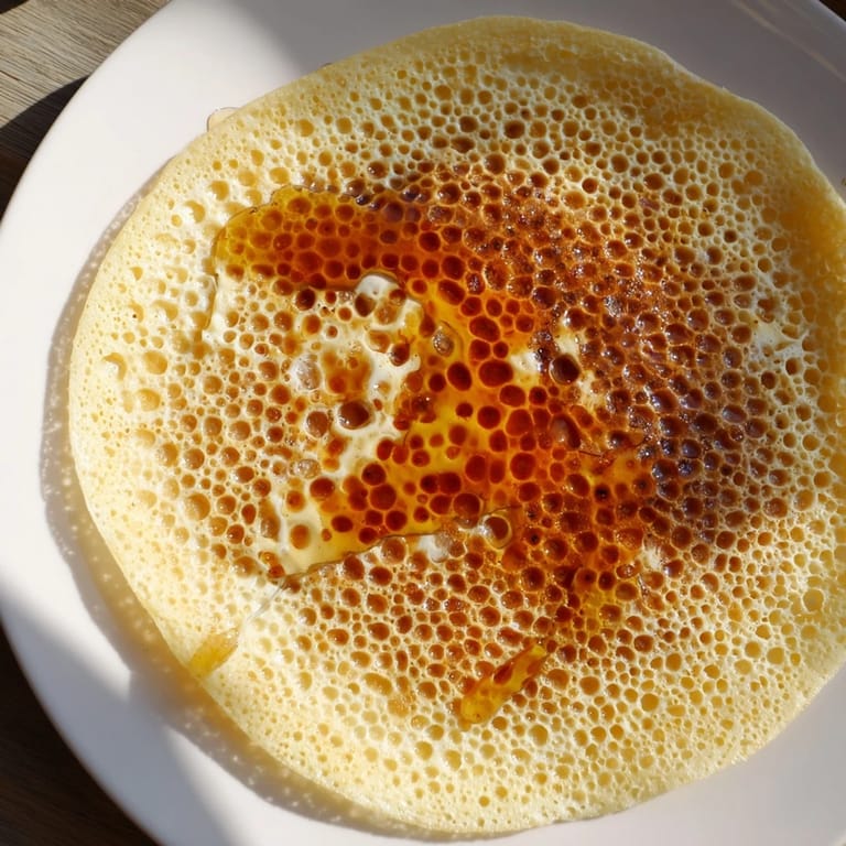 A stack of airy Moroccan Baghrir, with its signature holes, is served with melted butter and honey.
