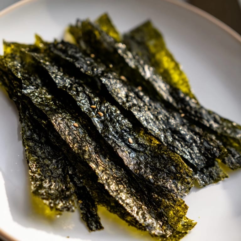 Perfectly seasoned roasted seaweed chips, offering a delicious, salty crunch with sesame oil hints.