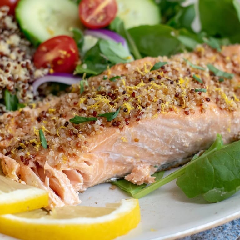 Healthy lemon herb salmon salad features roasted fillet, tomatoes, and onions, drizzled with homemade citrus vinaigrette dressing.