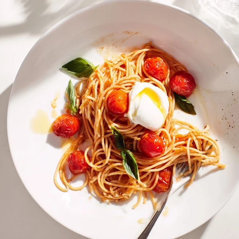 Creamy burrata melts over warm spaghetti, mingling with fresh basil and garlicky tomato juices.