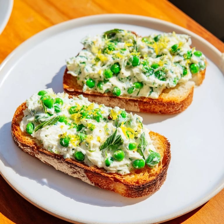 A vibrant open-faced Pea & Mint Ricotta Toast garnished with chopped mint, perfect for a light, refreshing breakfast or lunch.