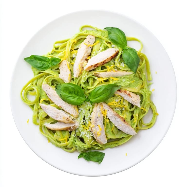 Creamy avocado chicken pasta in a white bowl shows bright green sauce coating every strand of spaghetti.