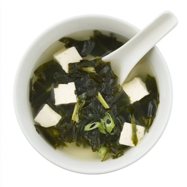 A hearty serving of Japanese wakame soup, featuring rehydrated seaweed and tofu floating in a savory broth.