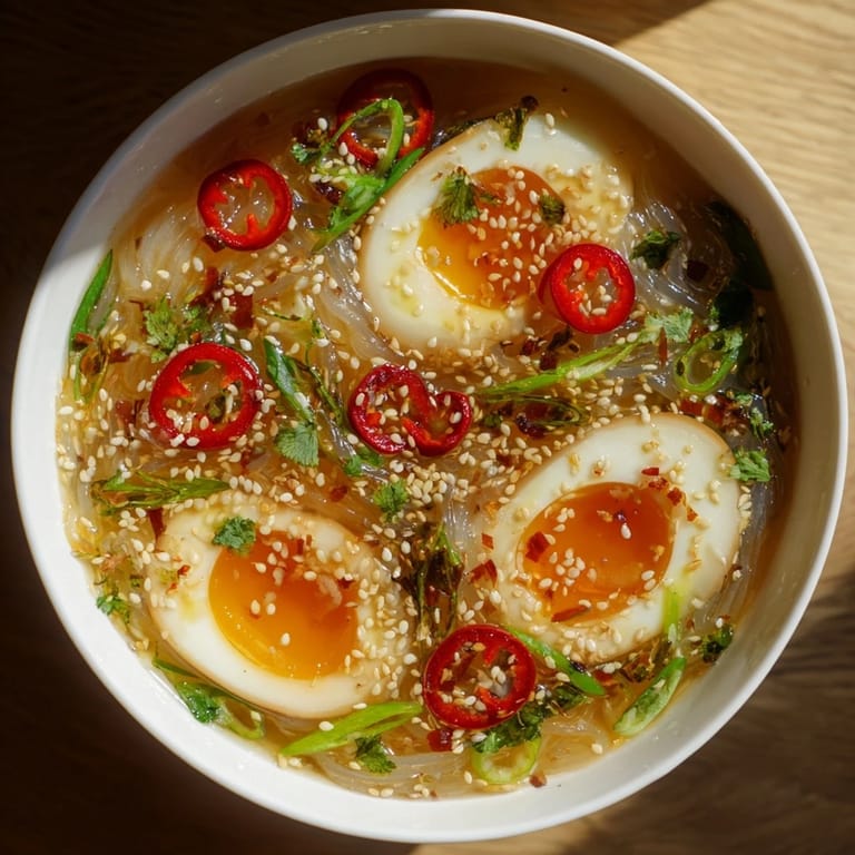 Steaming shirataki noodles soak up a savory ginger-garlic broth, garnished with green onions and sesame seeds for a vibrant, gluten-free dinner bowl.