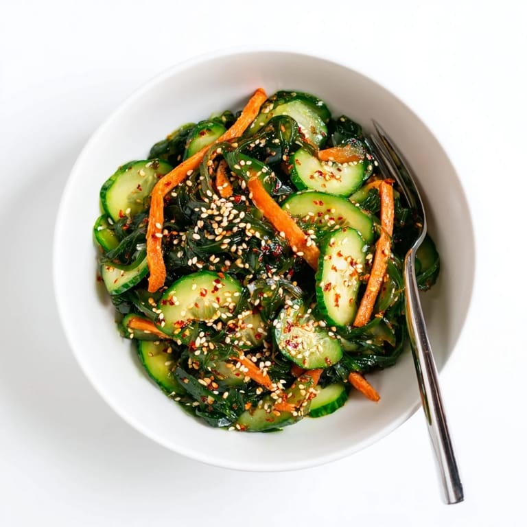 Brightly lit Seaweed Salad topped with sliced scallions and a sprinkle of chili flakes, serving as a vibrant, vegan, and gluten-free side dish.