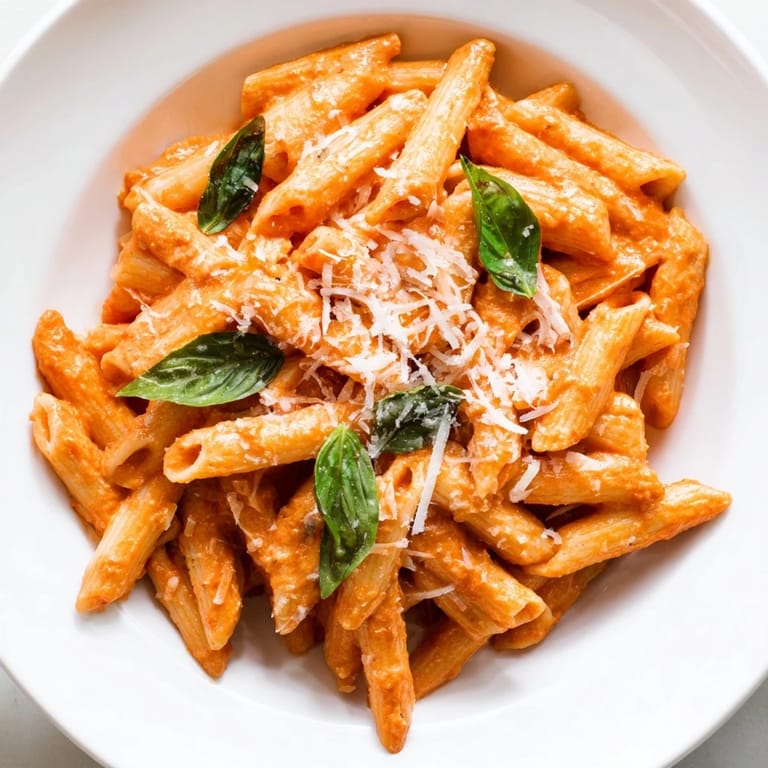 A close-up of Roasted Red Pepper Pasta with al dente rigatoni, rich sauce, and a garnish of torn basil leaves.