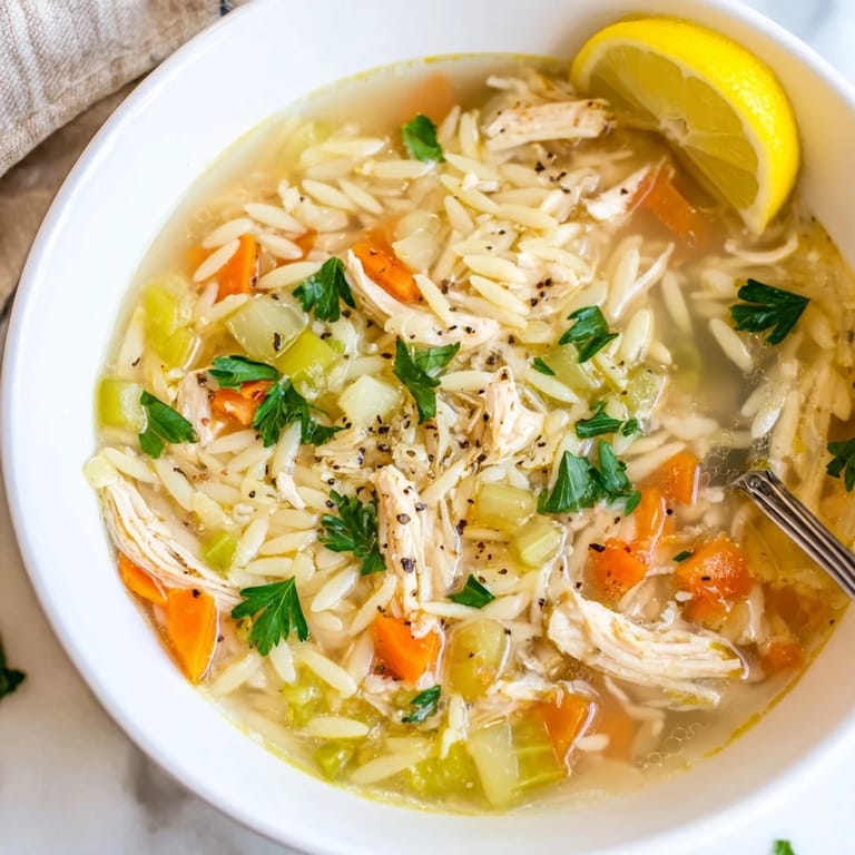 Close-up of Lemon Pepper Chicken Orzo Soup, showing orzo pasta and vegetables in a savory broth.