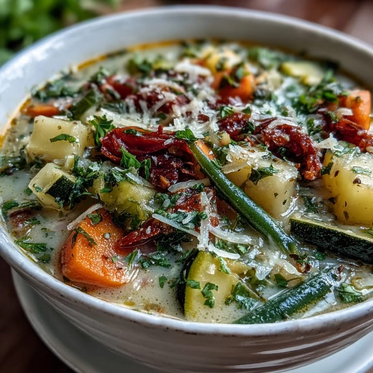Rustic Parmesan Veggie Soup in a ceramic bowl, showcasing colorful diced vegetables and a savory, creamy texture.