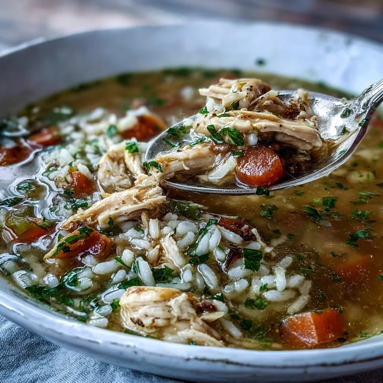 Cozy Winter Chicken and Rice Soup ladled into a white ceramic bowl, garnished with parsley and a lemon wedge.