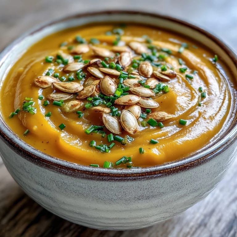 Silky smooth Acorn Squash Soup served in a rustic bowl, perfect for a cozy vegetarian meal.