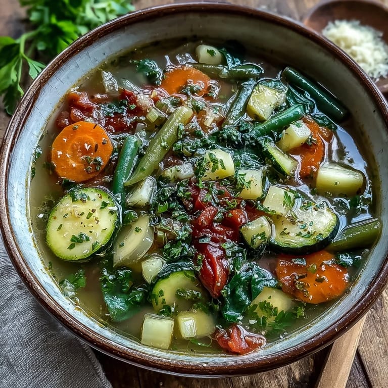 Hearty Italian Herb Vegetable Soup featuring cannellini beans and leafy spinach on a wooden table.