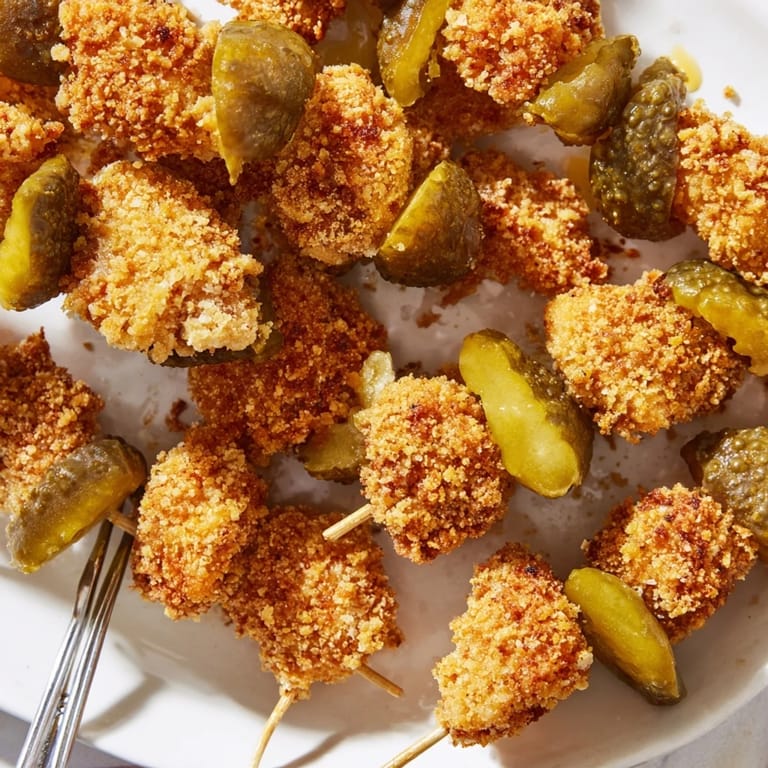 Deliciously marinated Pickle Popcorn Chicken Skewers, perfect for party snacking and gatherings.  