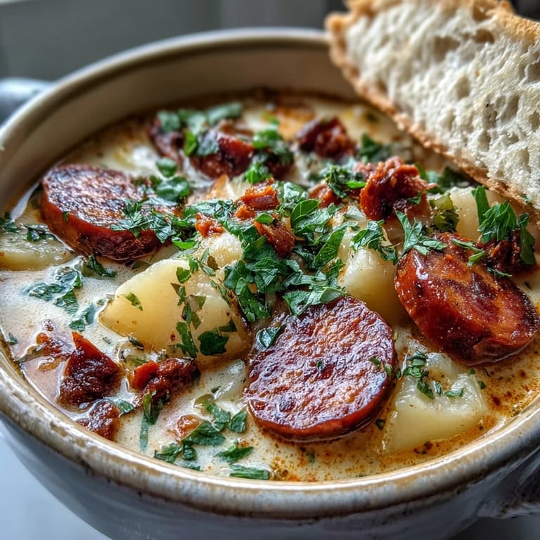 Smoky Potato, Leek and Chorizo Soup served in a white bowl with crusty bread and parsley garnish.