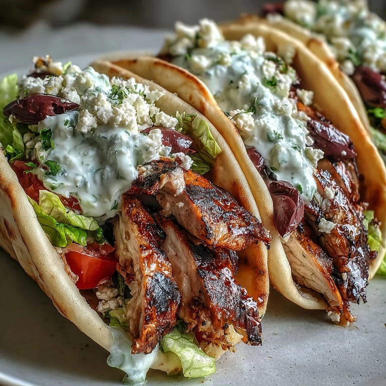Freshly assembled Mediterranean chicken gyros piled with tender sliced chicken, crunchy vegetables, and creamy feta tzatziki, ready to serve.