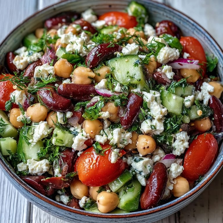 Colorful Greek Bean Salad featuring crisp cucumbers, sweet tomatoes, briny olives, and crumbled feta cheese on a rustic plate.