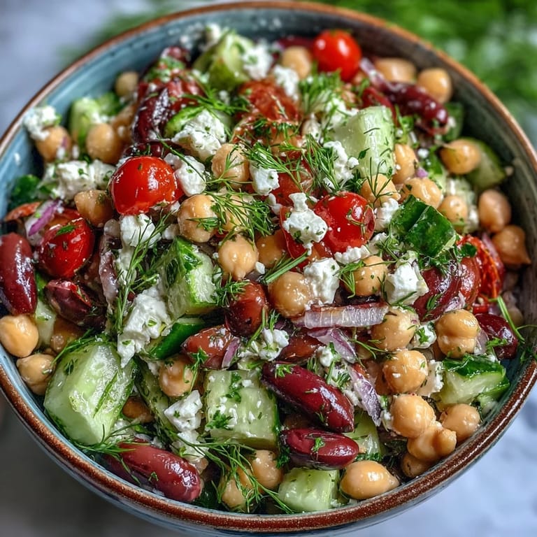 Vibrant Greek Bean Salad in a white bowl, ready to serve with grilled chicken or as a bright lunch.
