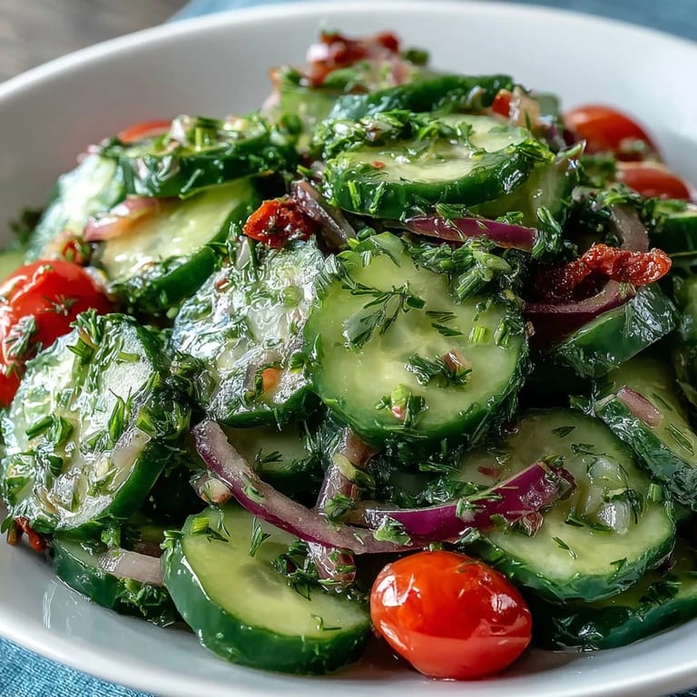 Bright serving platter of Refreshing Crunchy Cucumber Salad, garnished with herbs, perfect alongside grilled chicken or fish tacos.